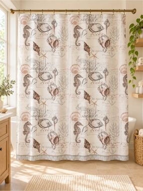 Coastal Seashell Shower Curtain - Beige Nautical Design